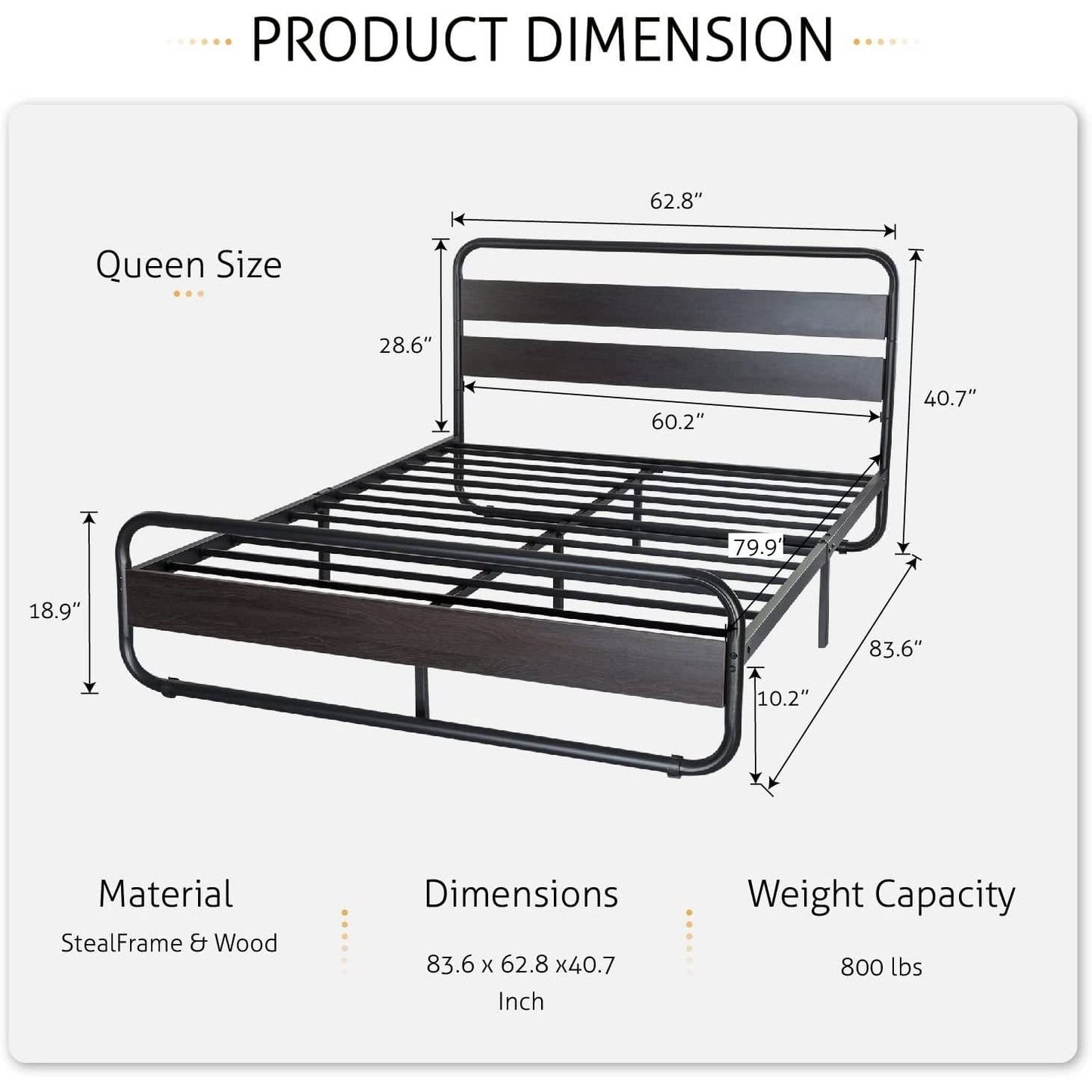 Queen Heavy Duty Round Metal Frame Platform Bed with Black Wood Panel Headboard