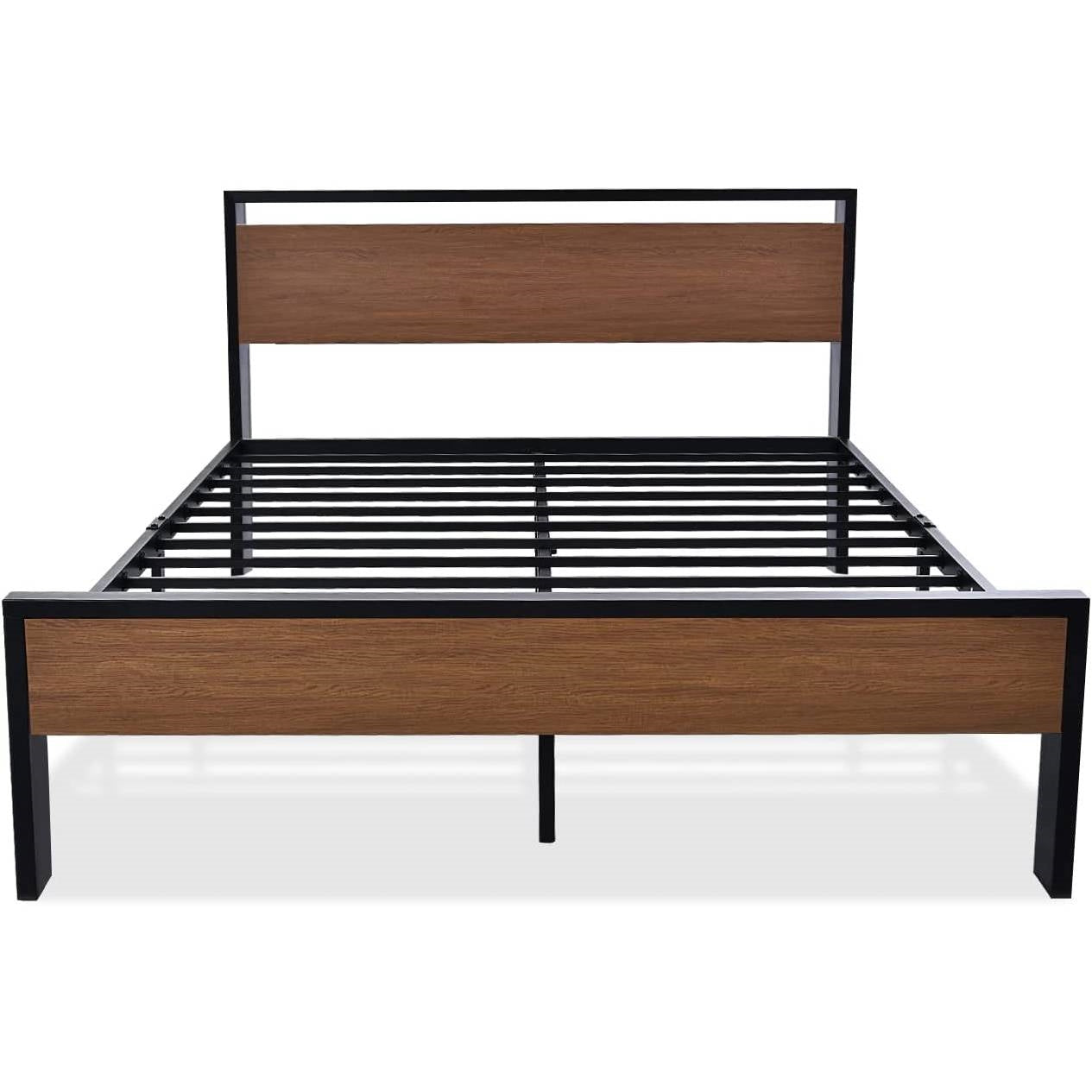 Queen Metal Platform Bed with Walnut Finish Wood Panel Headboard Footboard