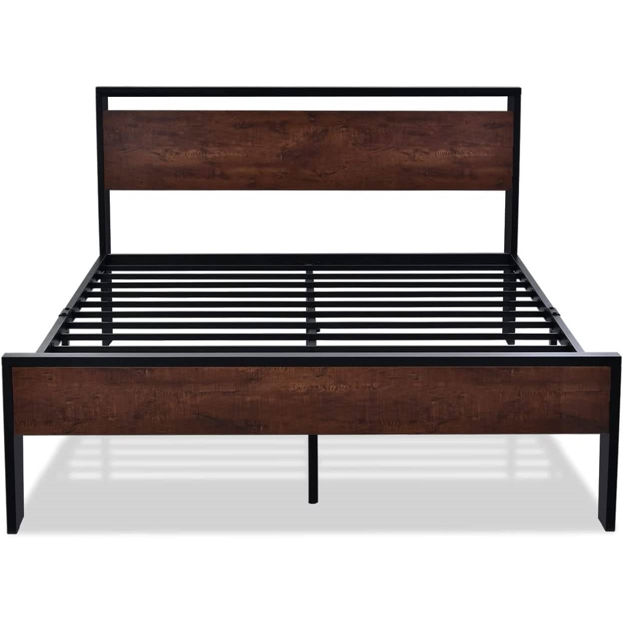 Queen Metal Platform Bed Frame with Mahogany Wood Panel Headboard Footboard