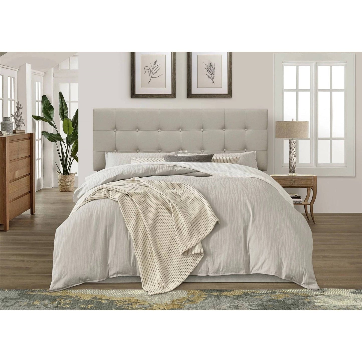 Queen Button-Tufted Headboard in Light Grey Beige Taupe Upholstered Fabric