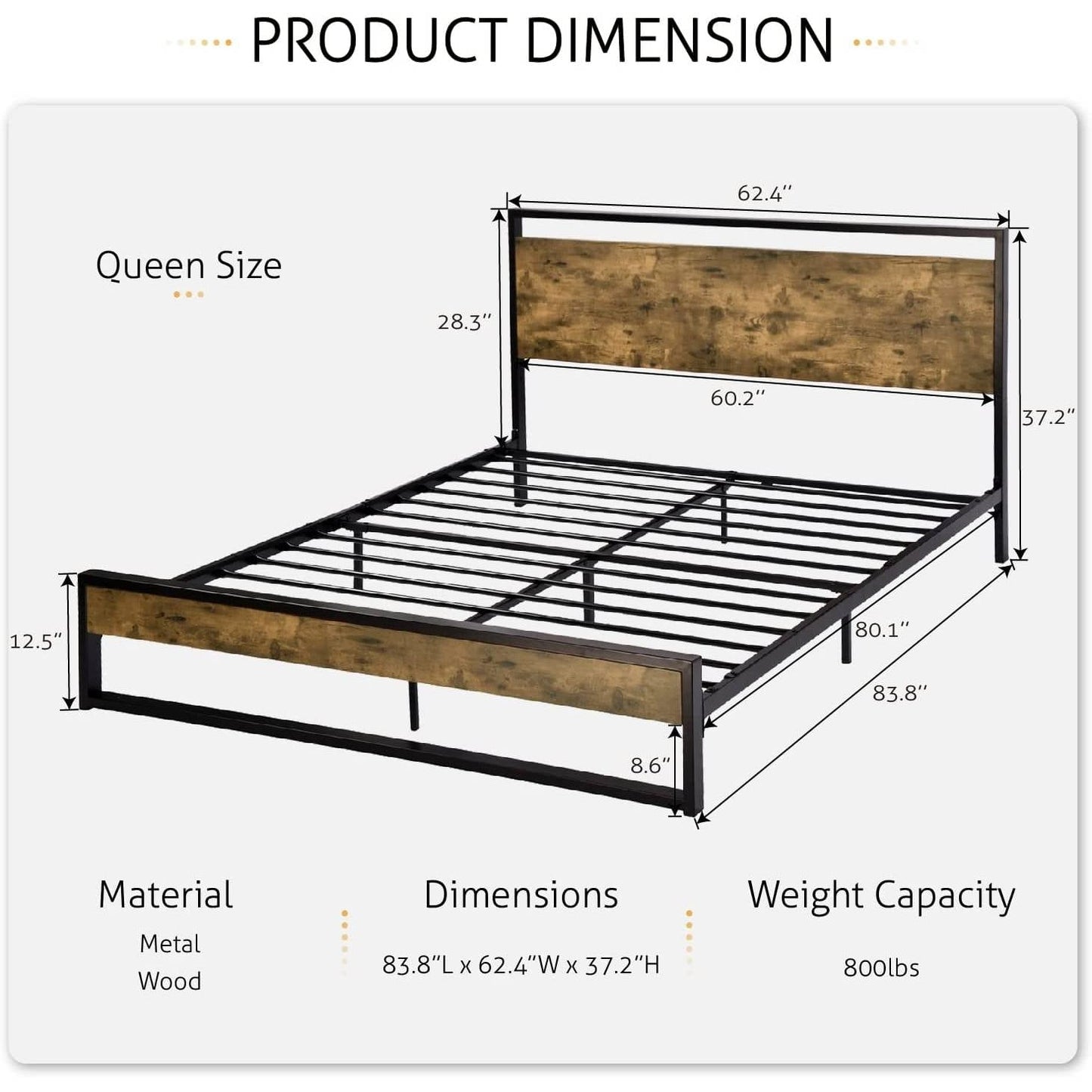 Queen size Metal Wood Platform Bed Frame with Industrial Headboard