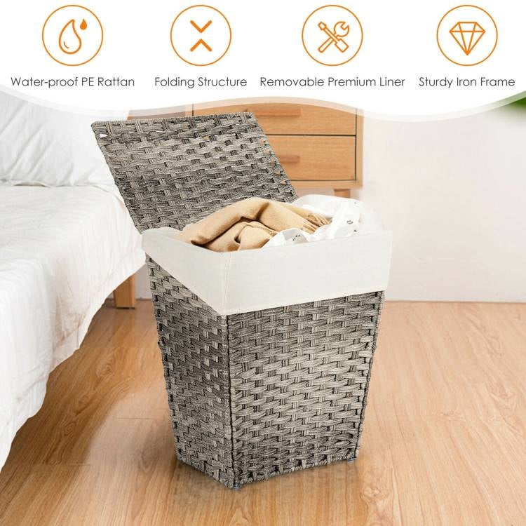 Foldable Handwoven PE Wicker Rattan Laundry Basket Clothes Hamper with Liner