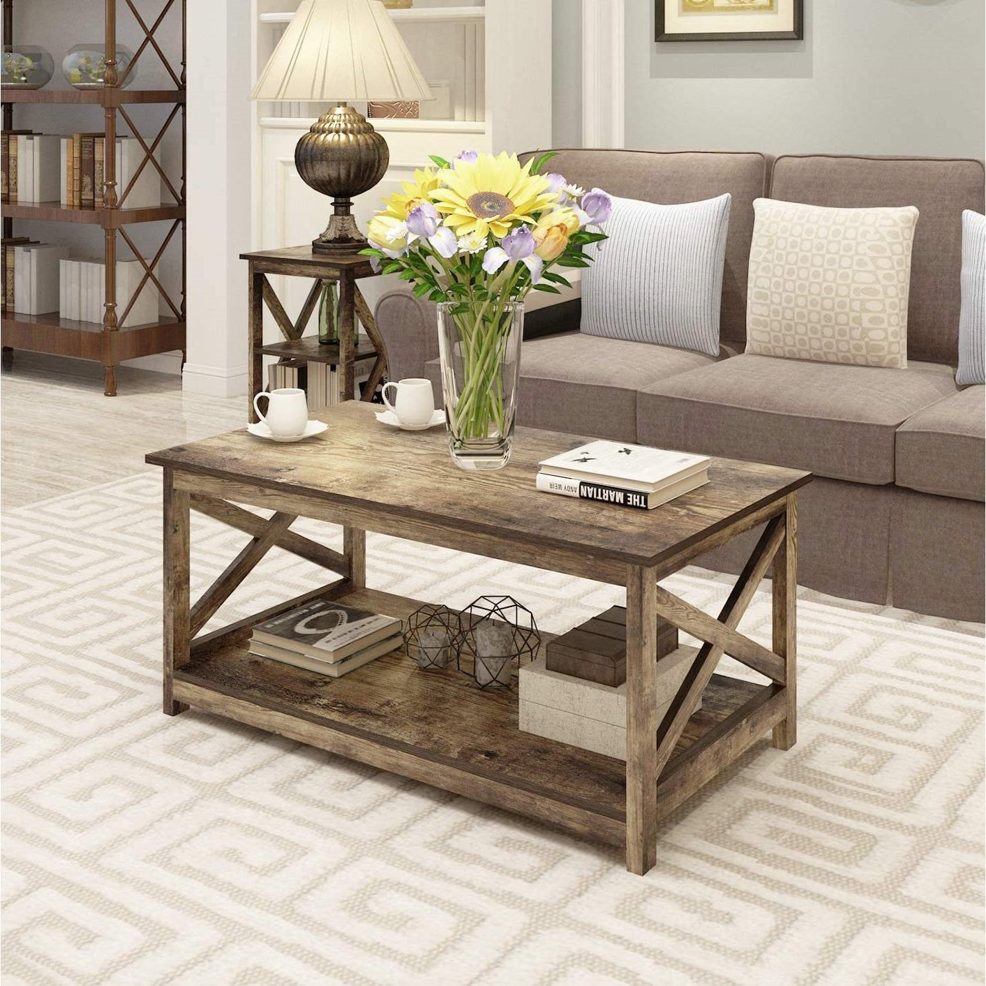 Contemporary 2-Tier Farmhouse Coffee Table in Rustic Wood Finish