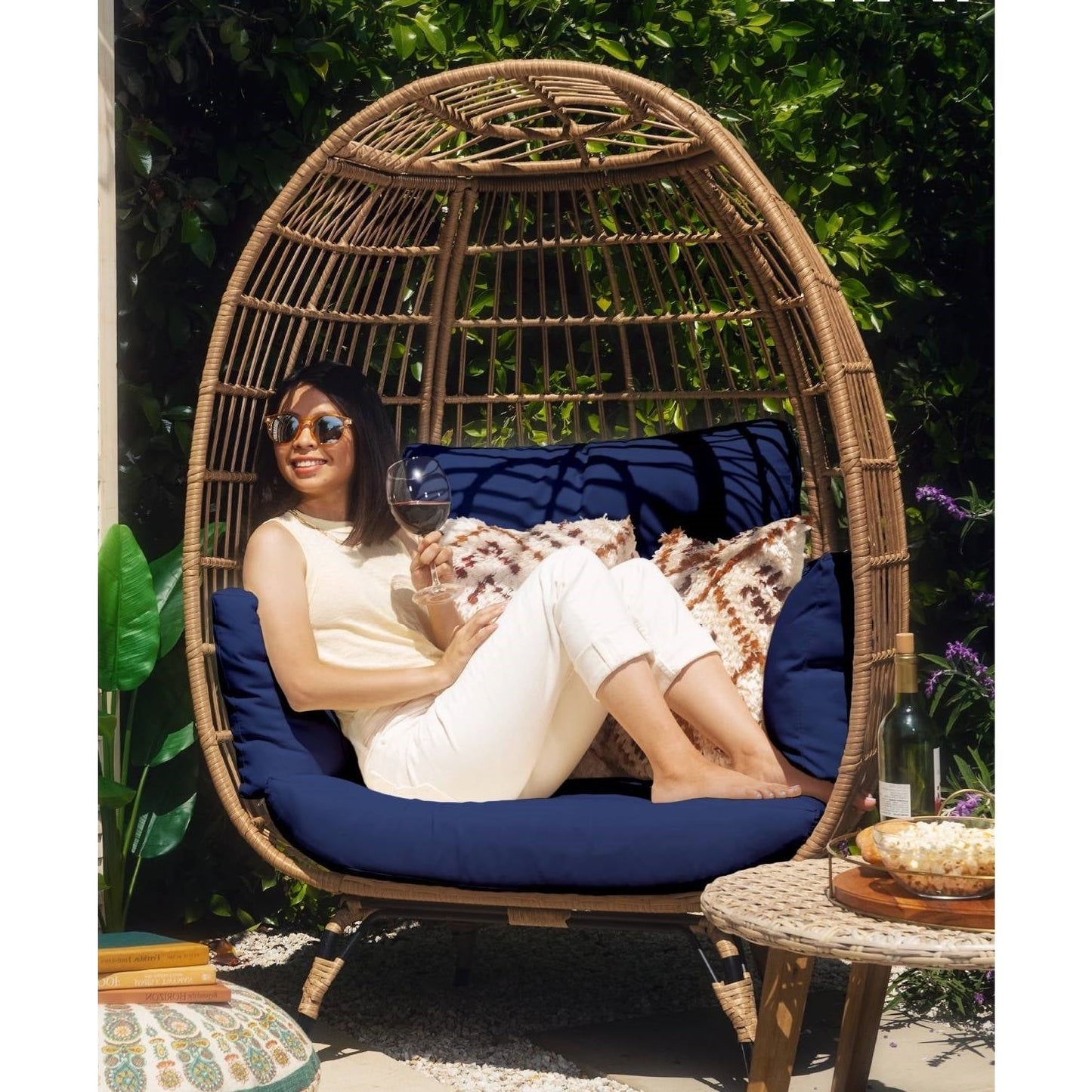 Oversized Patio Lounger Indoor/Outdoor Wicker Rattan Egg Chair Dark Blue