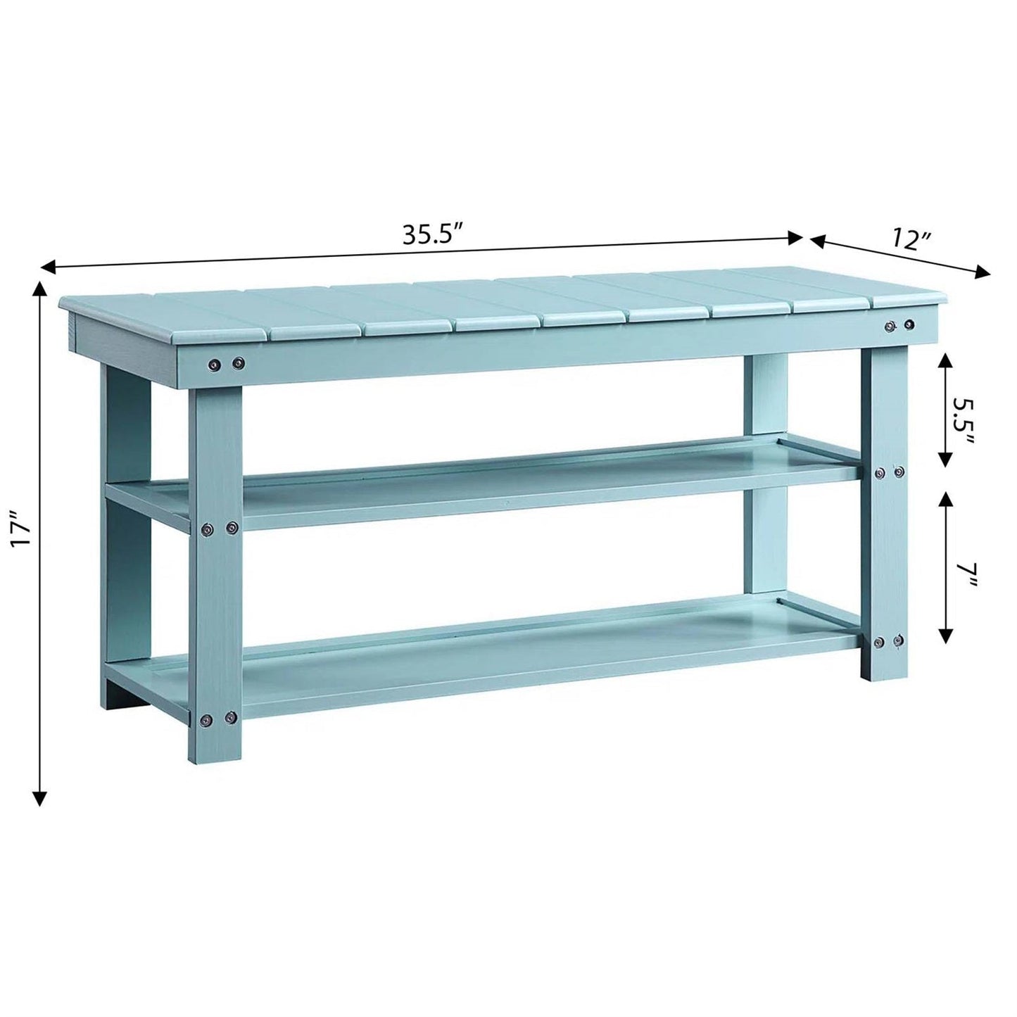 Sea Foam Aqua Blue Wood 2-Shelf Shoe Rack Storage Bench for Entryway or Closet