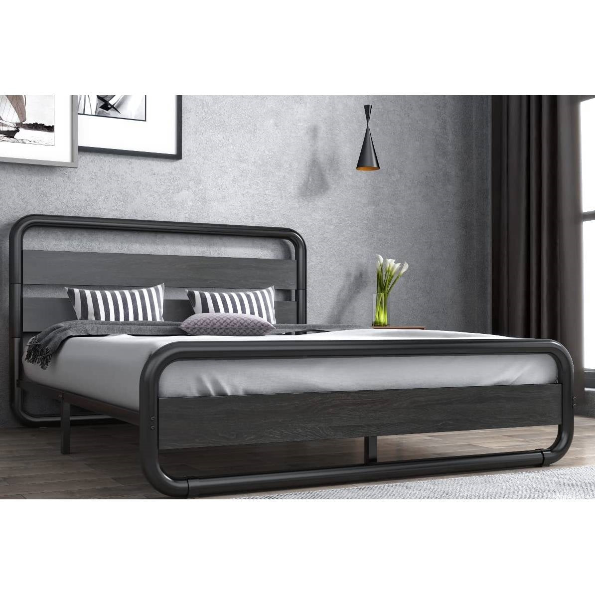 Full Heavy Duty Round Metal Frame Platform Bed with Black Wood Panel Headboard