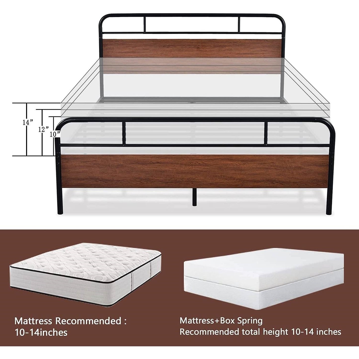 Full Size Industrial Metal Wood Platform Bed Frame with Headboard and Footboard