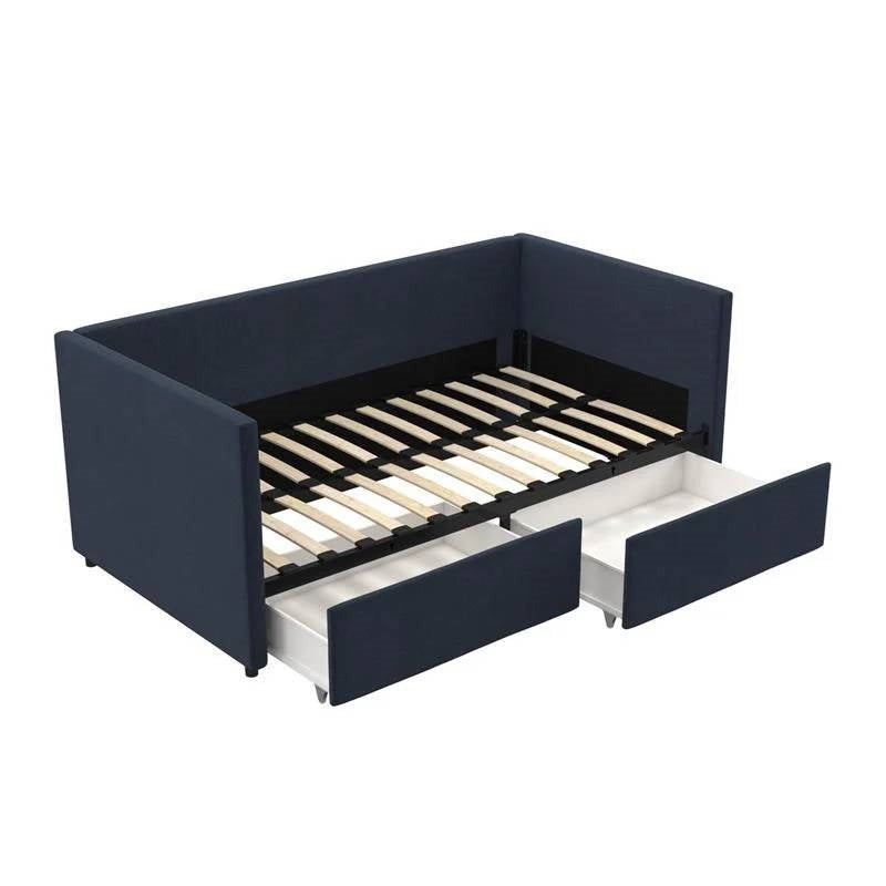 Navy Blue Linen Upholstered Daybed with Pull-Out Storage Drawers