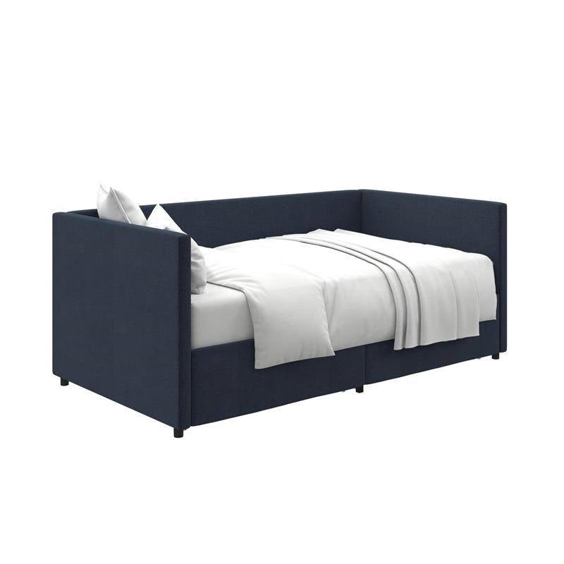 Navy Blue Linen Upholstered Daybed with Pull-Out Storage Drawers