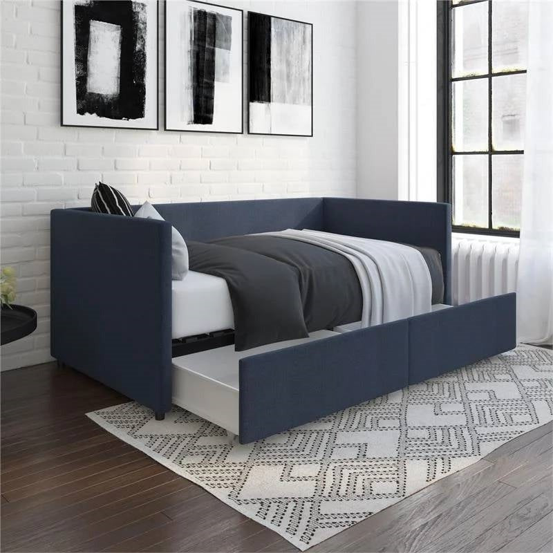 Navy Blue Linen Upholstered Daybed with Pull-Out Storage Drawers