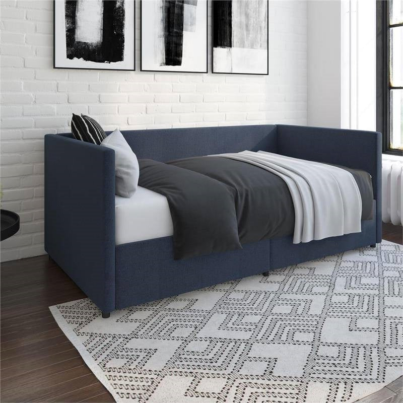 Navy Blue Linen Upholstered Daybed with Pull-Out Storage Drawers