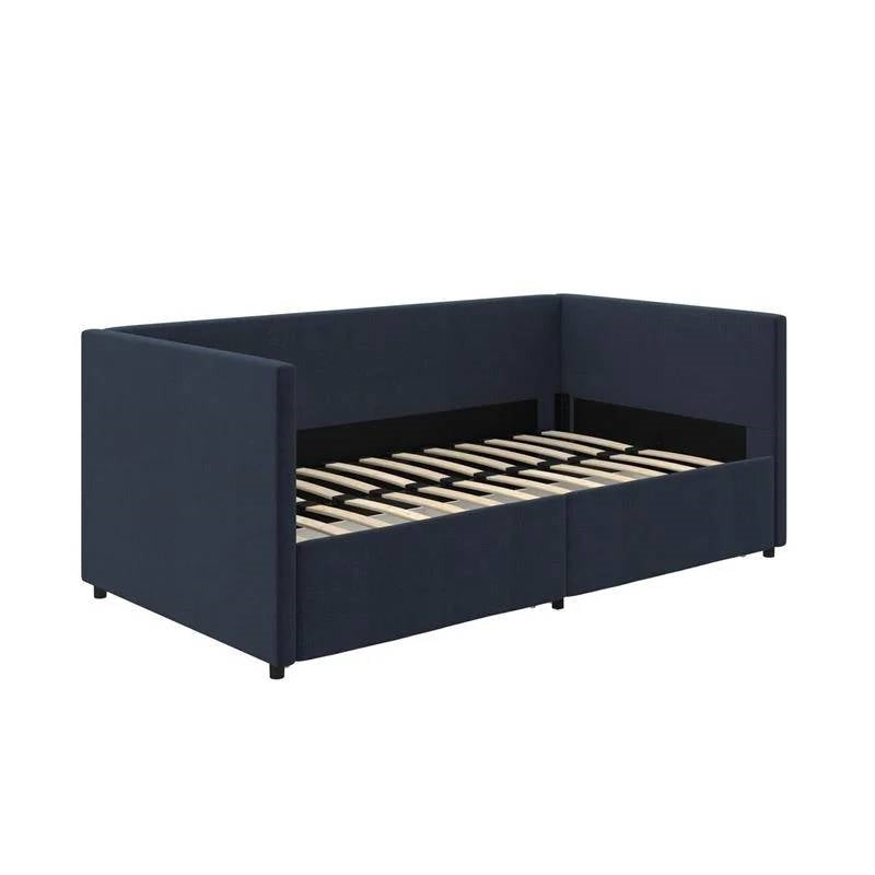 Navy Blue Linen Upholstered Daybed with Pull-Out Storage Drawers