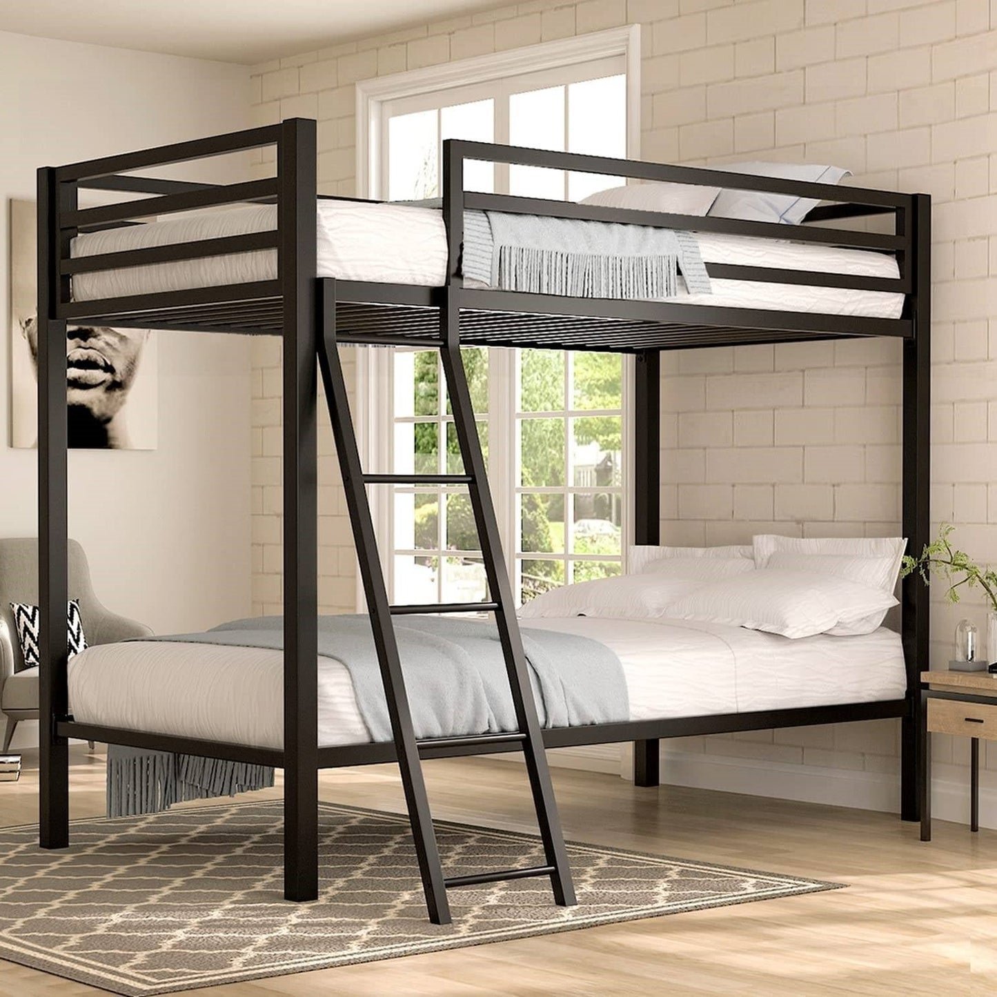 Twin over Twin Modern Metal Bunk Bed Frame in Black Finish with Ladder