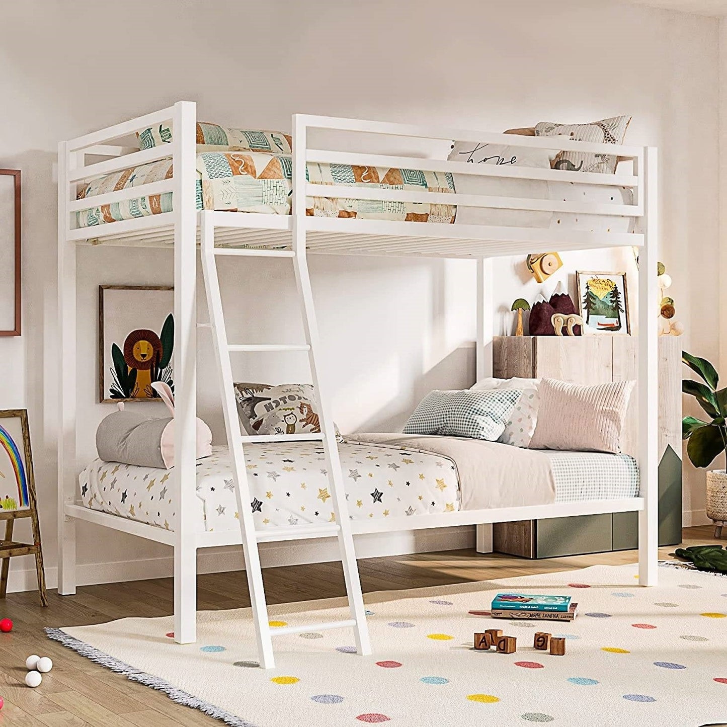 Twin over Twin Modern Metal Bunk Bed Frame in White with Ladder