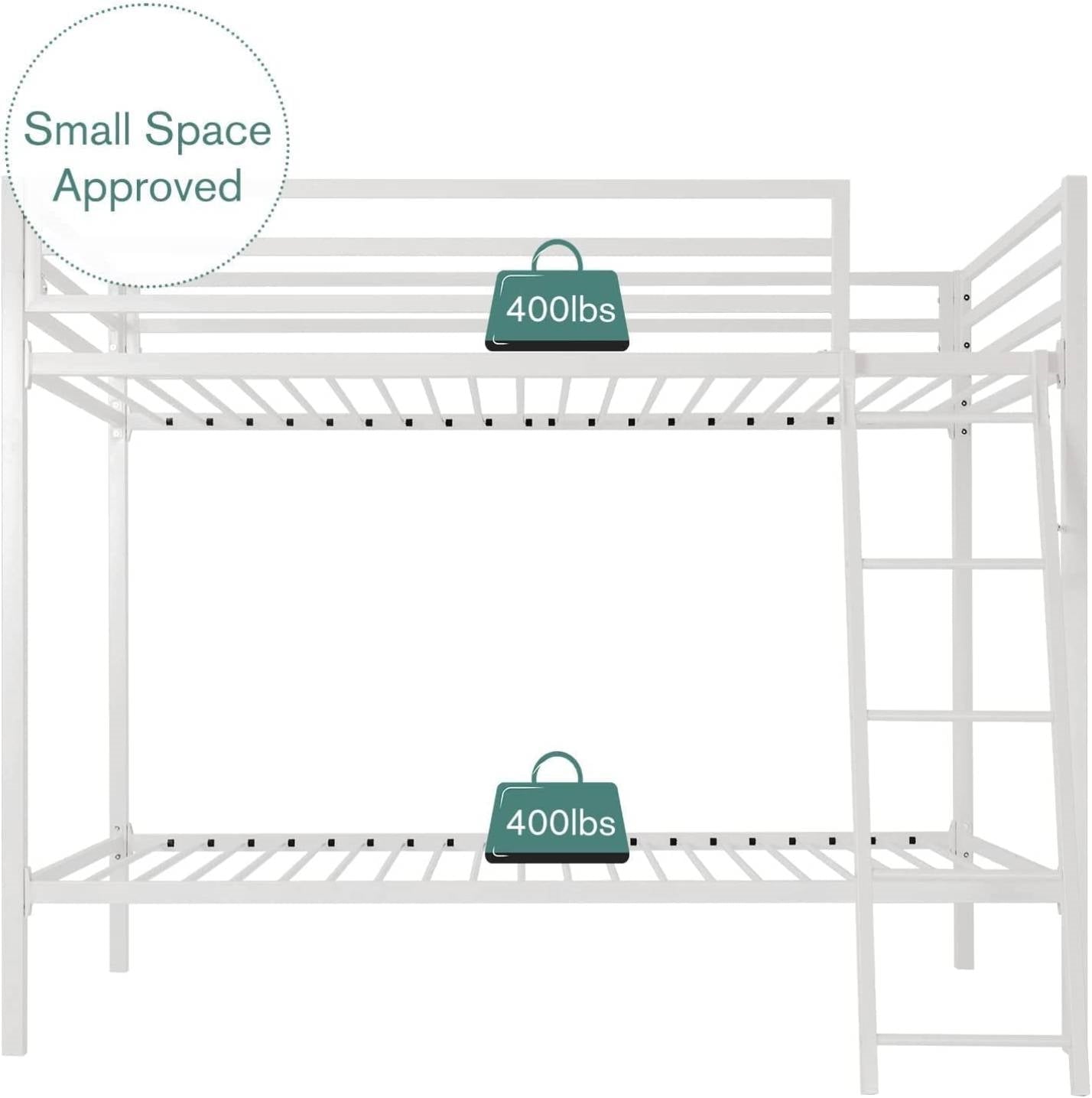 Twin over Twin Modern Metal Bunk Bed Frame in White with Ladder