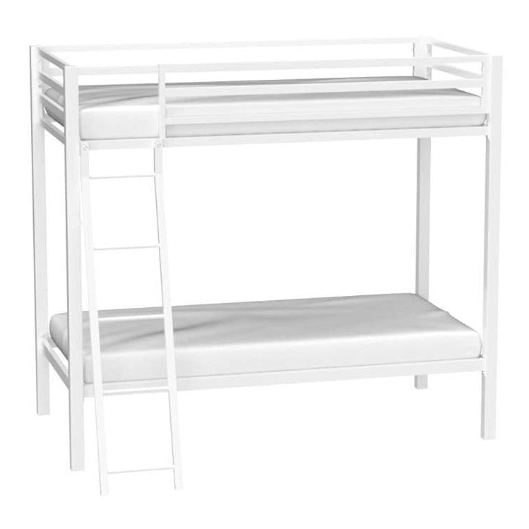 Twin over Twin Modern Metal Bunk Bed Frame in White with Ladder