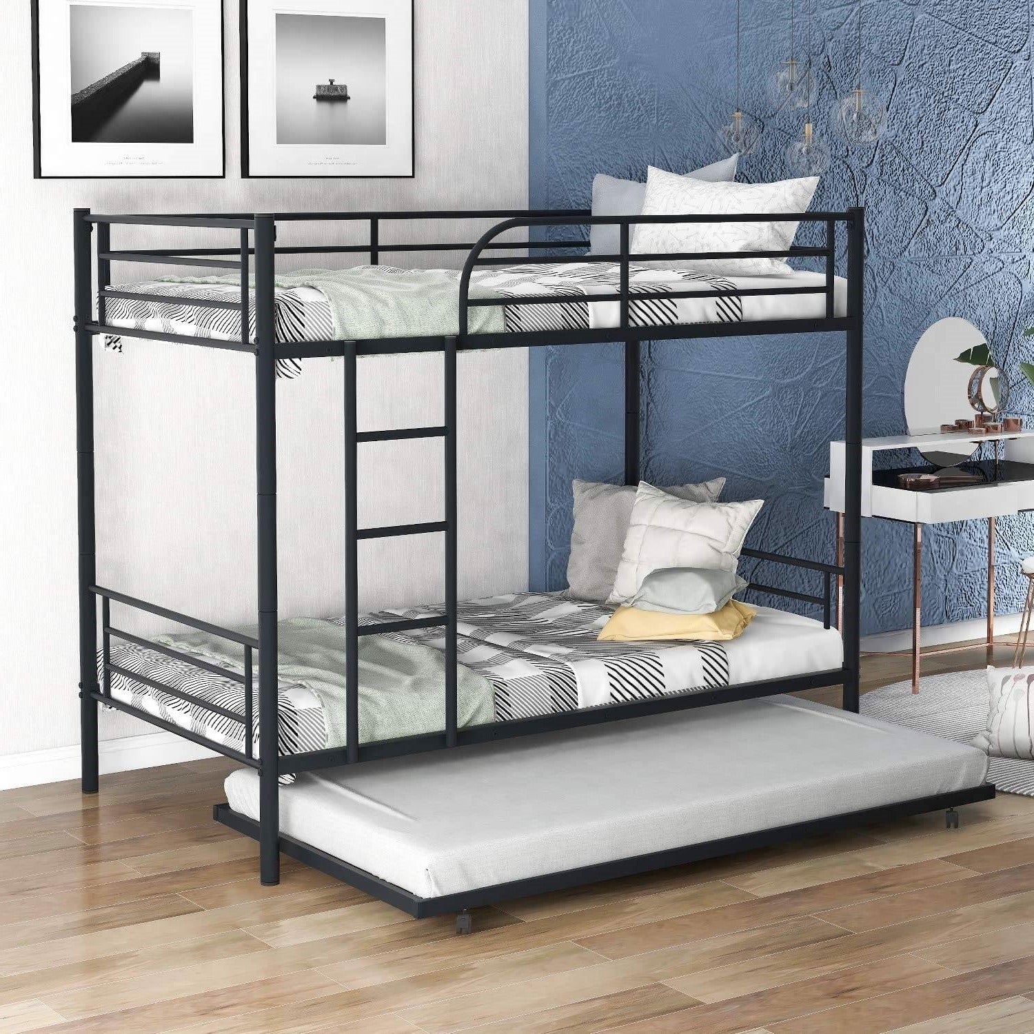 Twin over Twin Bunk bed with Trundle Bed in Black Metal Finish