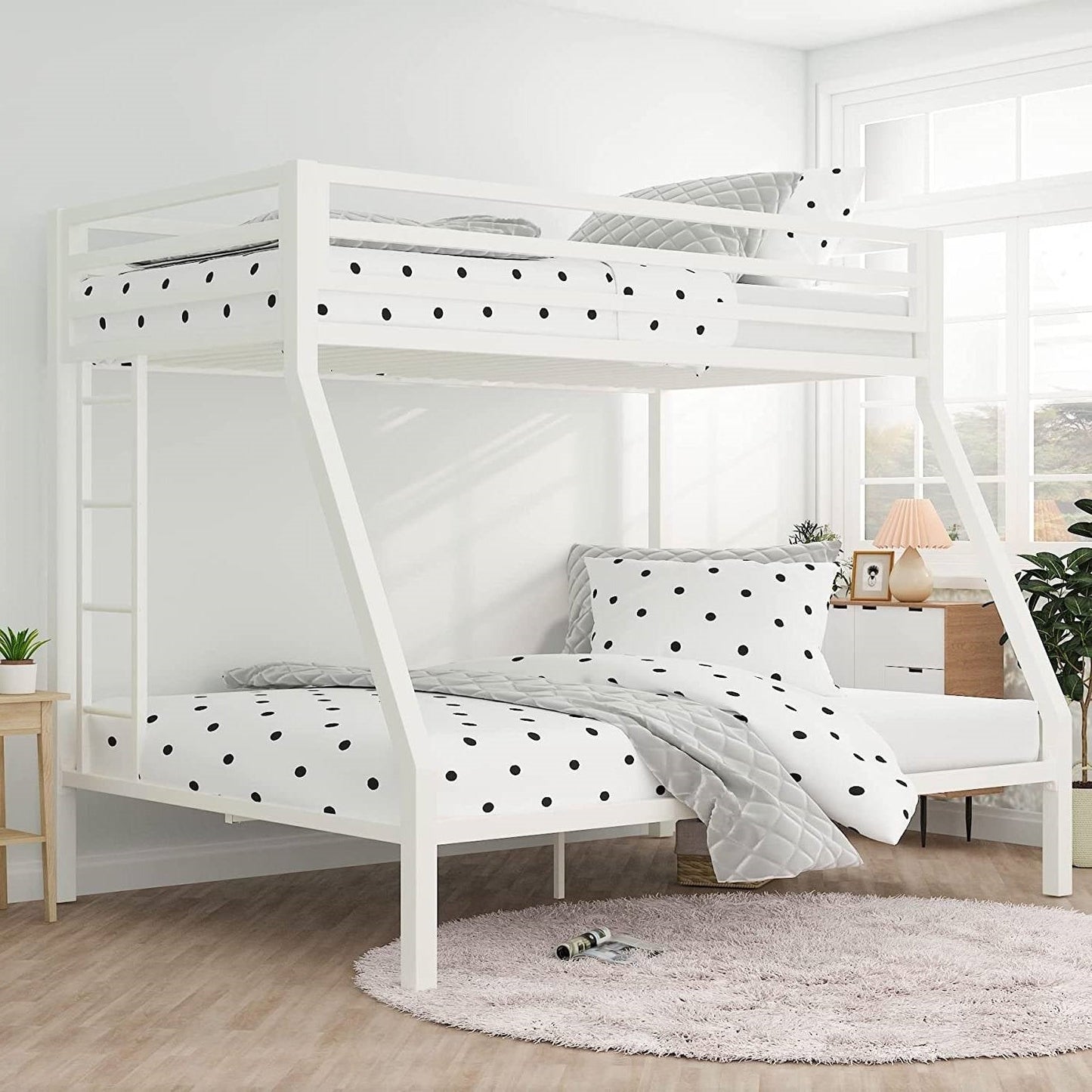 Twin over Full Modern Metal Bunk bed Frame in White with Ladder