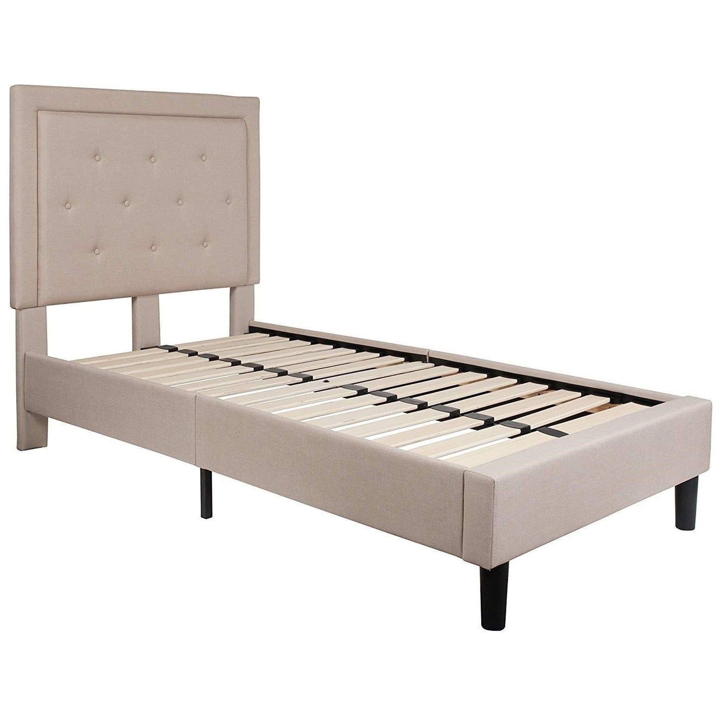 Twin Beige Fabric Upholstered Platform Bed with Button Tufted Headboard