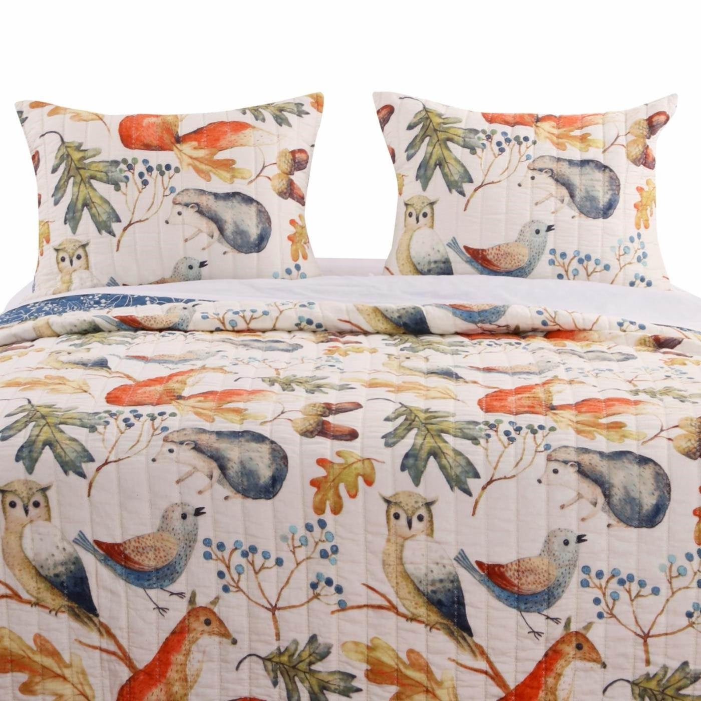 Twin 2-Piece Blue Beige Birds Animals Floral Reversible Quilt Set