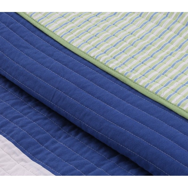 Twin Size Navy Blue/Green/Teal/White Stripe 100-Percent Cotton Quilt Set