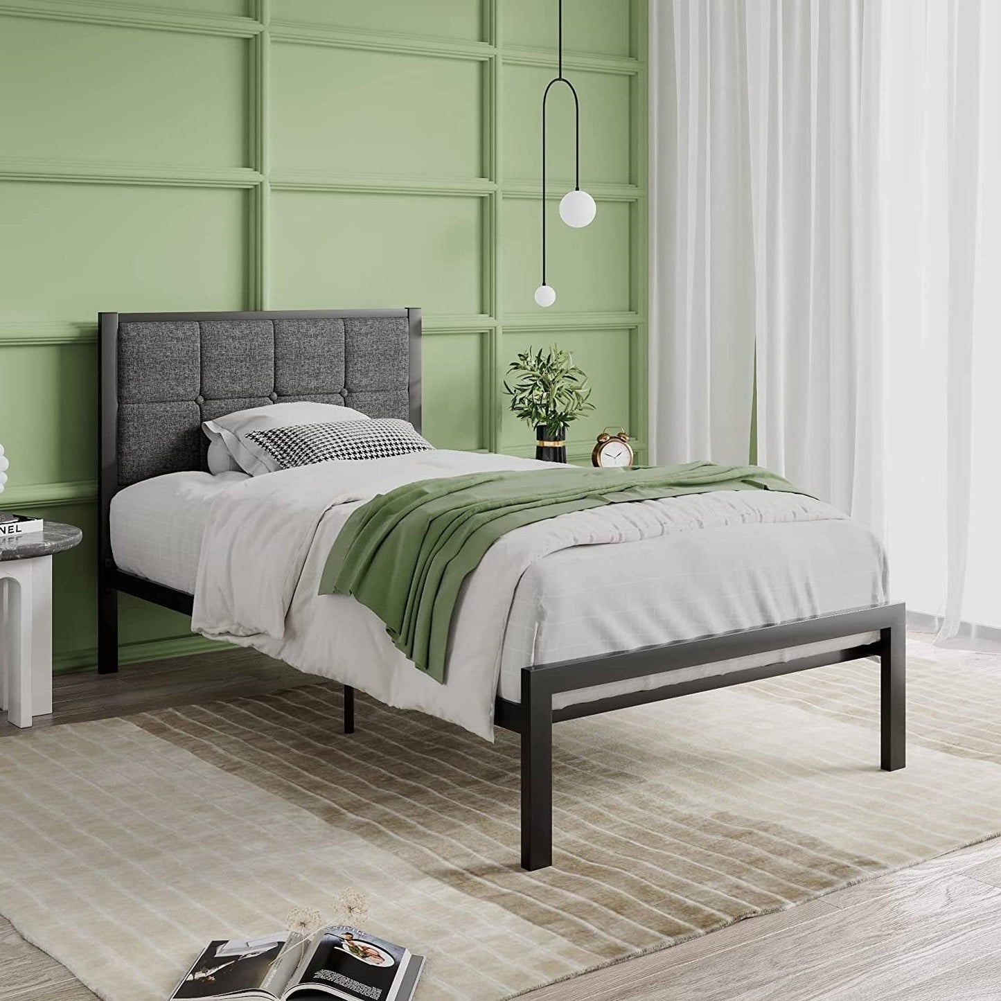 Twin Metal Platform Bed Frame with Gray Button Tufted Upholstered Headboard