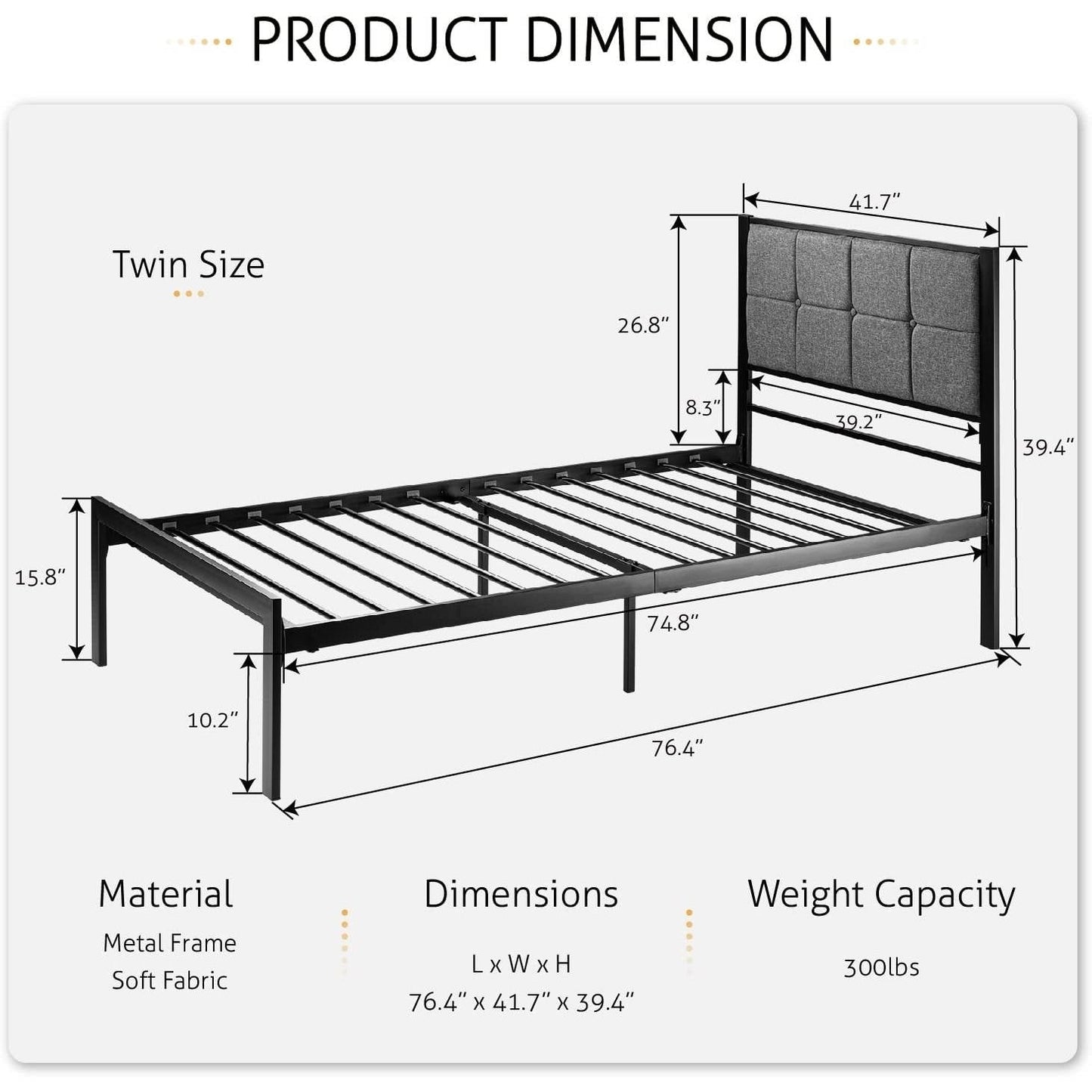 Twin Metal Platform Bed Frame with Gray Button Tufted Upholstered Headboard