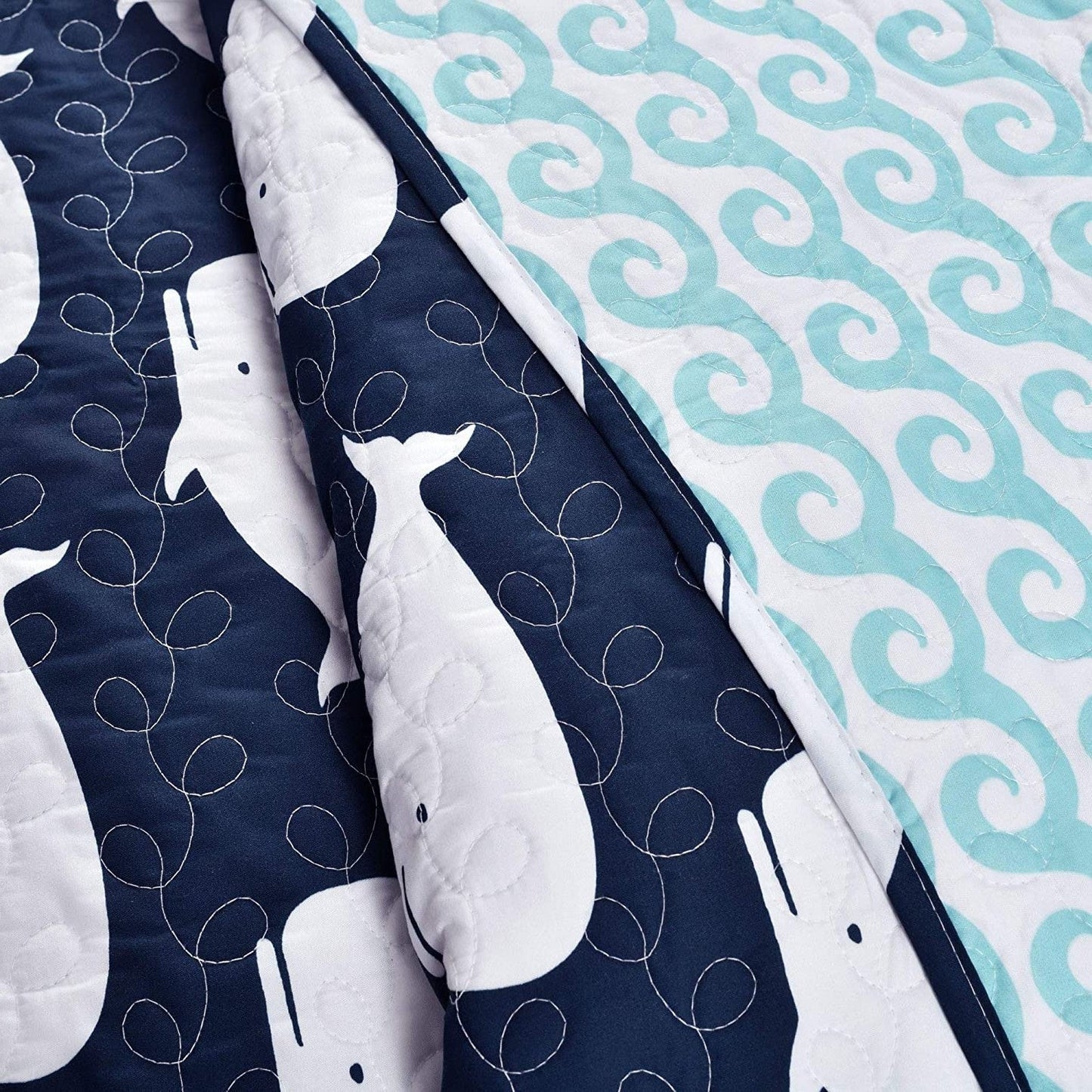 Full/Queen 5 Piece Bed In A Bag Navy Teal Microfiber Waves Whales Quilt Set