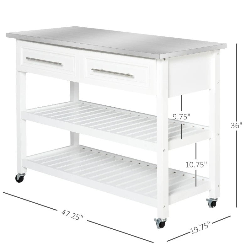 White Rolling Kitchen Island 2 Drawers Storage with Stainless Steel Top