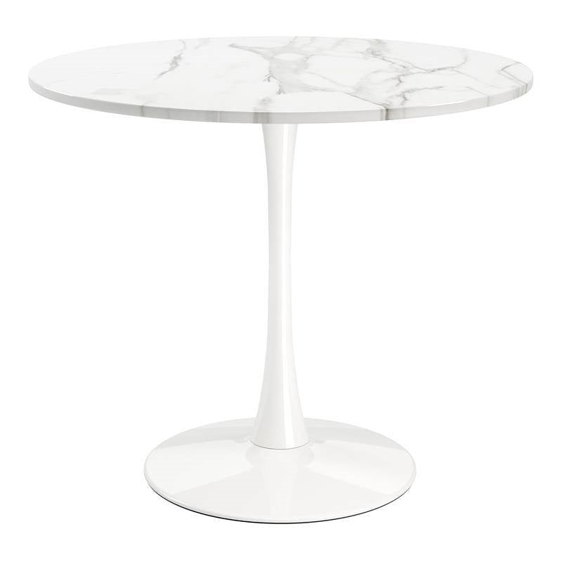 Modern Classic 35-inch Round Pedestal Dining Table Marble Top with White Base