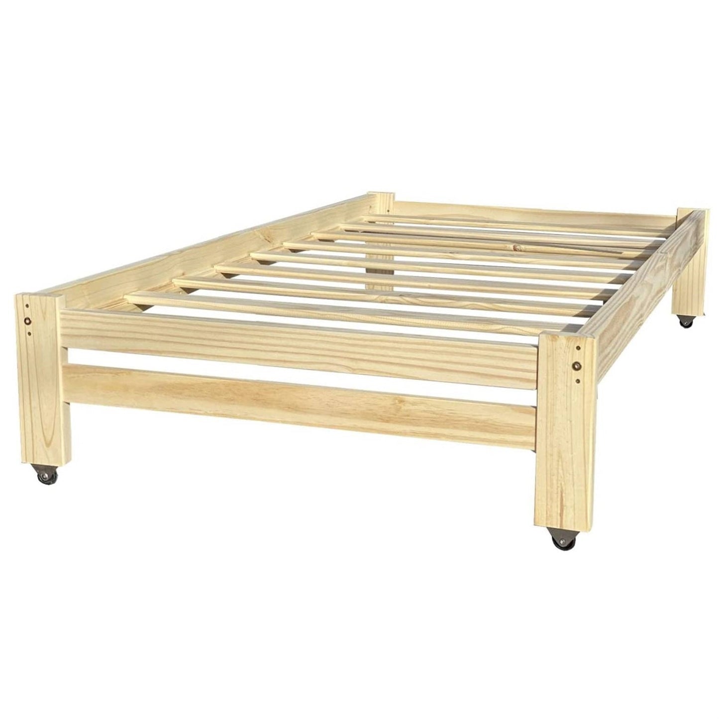 Twin Unfinished Solid Wood Platform Bed Frame with Casters Wheels