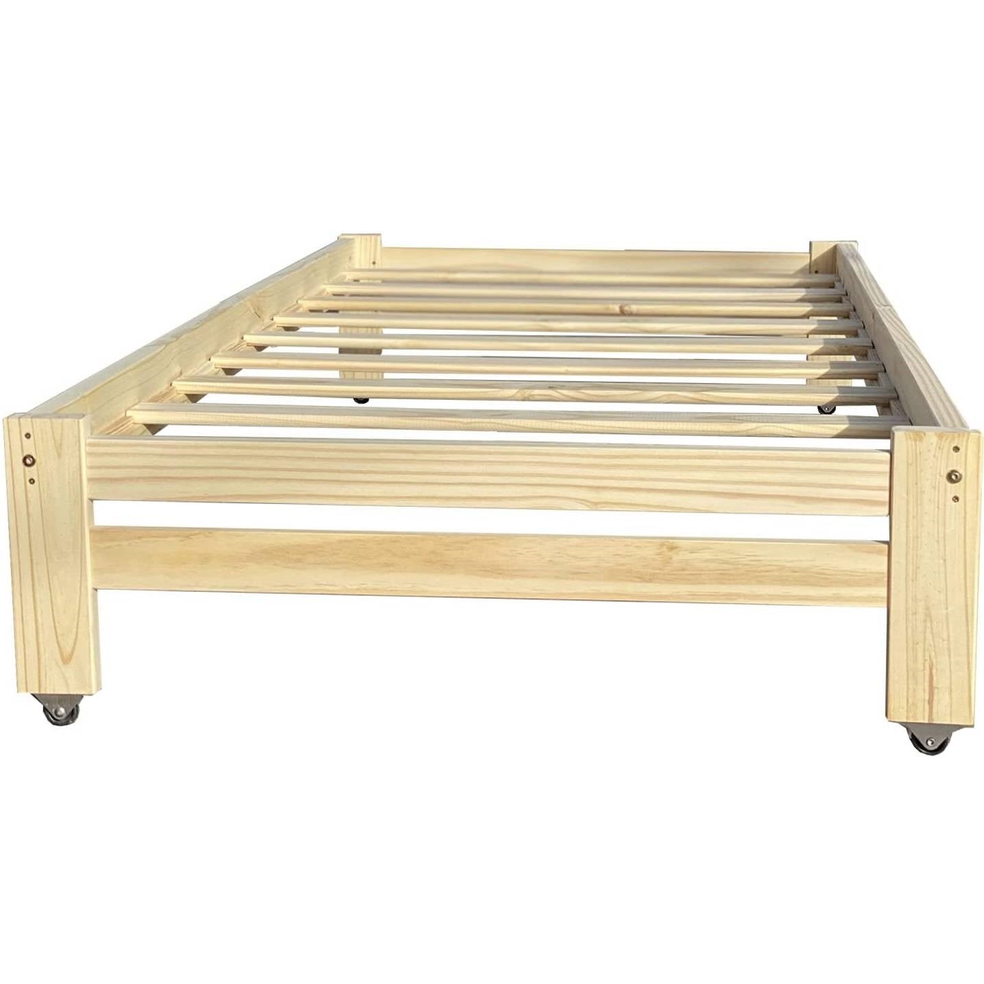 Twin Unfinished Solid Wood Platform Bed Frame with Casters Wheels