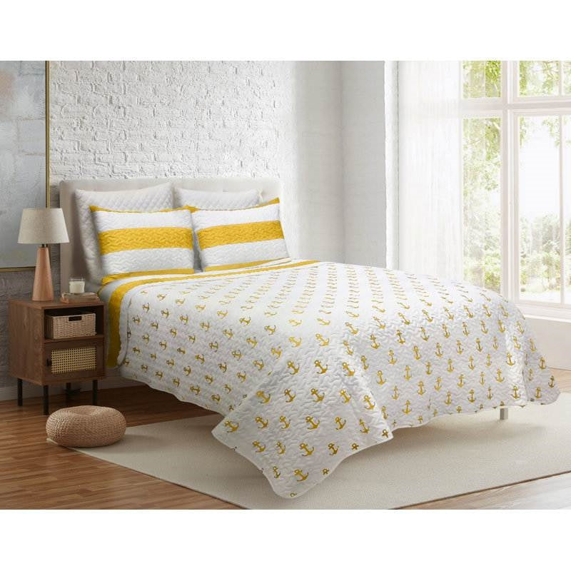 Full/Queen 3 Piece Striped Anchors Reversible Microfiber Quilt Set Yellow