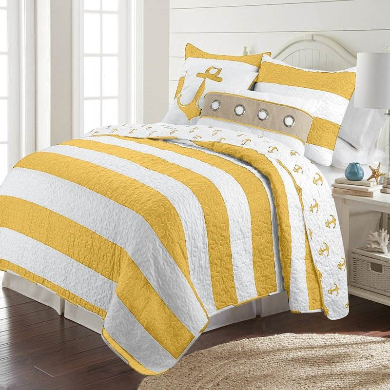 Twin 2 Piece Nautical Striped Anchors Reversible Microfiber Quilt Set Yellow