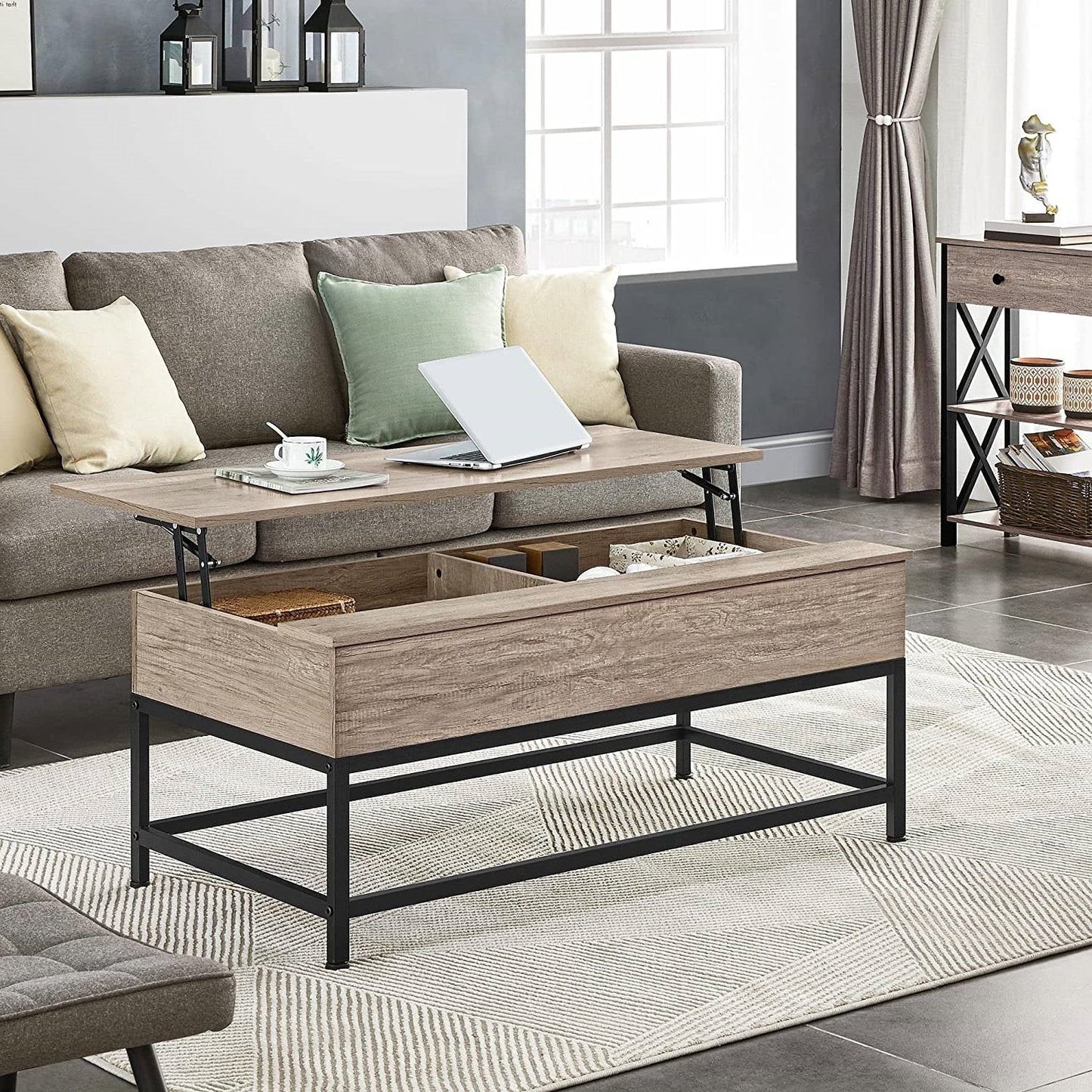 Modern Metal Wood Lift-Top Coffee Table Sofa Laptop Desk in Grey Wood Finish